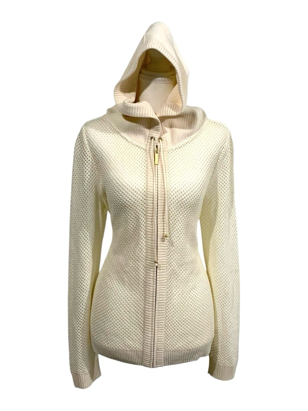St. John Cream Open Mesh Knit Full-Zip Hooded Cardigan Jacket Medium
